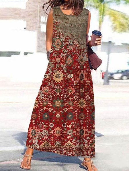 

Casual Vintage Loose Tribal Print Round Neck Sleeveless Maxi Dresses, Red, Dresses