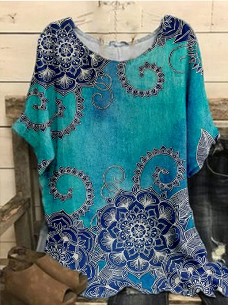 

Tribal folk style Mandala Print Blouse Plus Size, Cyan, Shirts & Blouses