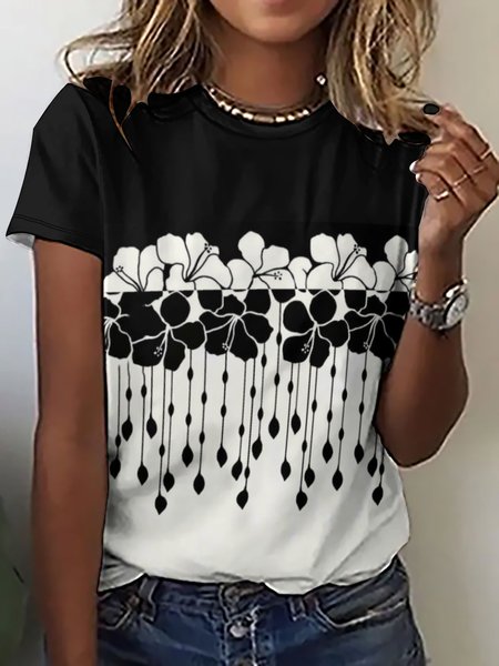 

Casual Abstract Contrast Floral Print Crew Neck T-Shirt, Black-white, T-shirts