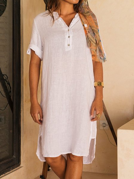 

V Neck Buttoned Casual Dresses, White, Mini Dresses