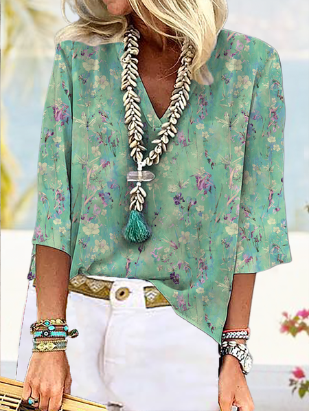 

Floral Casual V Neck Top, Green, Shirts & Blouses
