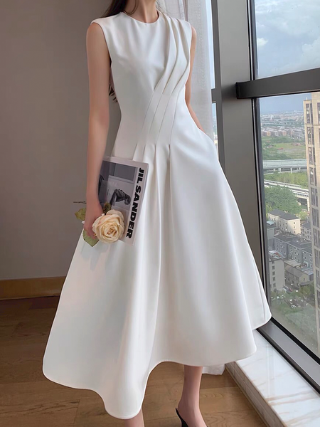 

Summer Crew Neck Sleeveless Plain Fit and FlareX Dresses, White, Midi Dresses