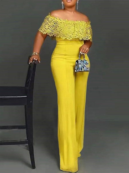 

Elegant Solid Hollow Out Lace Boat Neck Jumpsuit, Yellow, Wide Leg Pants