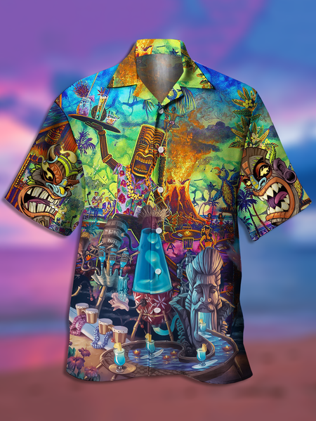 

Holiday Style Hawaii Series Gradient Plant Leaves Coconut Tree TIKI Element Pattern Lapel Short-Sleeved Polo Print Top, Multicolor, Men's Floral shirt