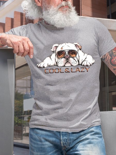 

Cool & Lazy Bulldog Print Crew Neck T-shirt, Light gray, T-shirts