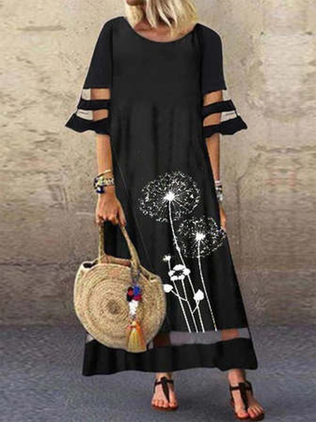

Casual Floral Flare Sleeve Short Sleeve Woven Dress, Black, Dresses