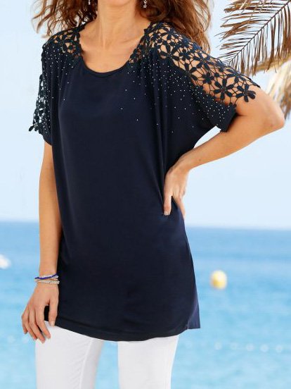 

lace Short Sleeve Casual Crew Neck Tops, Dark blue, Tunics