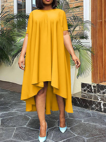 

Summer Lightweight Crew Neck A-line Short sleeve Plain Loosen Dresses, Yellow, Midi Dresses