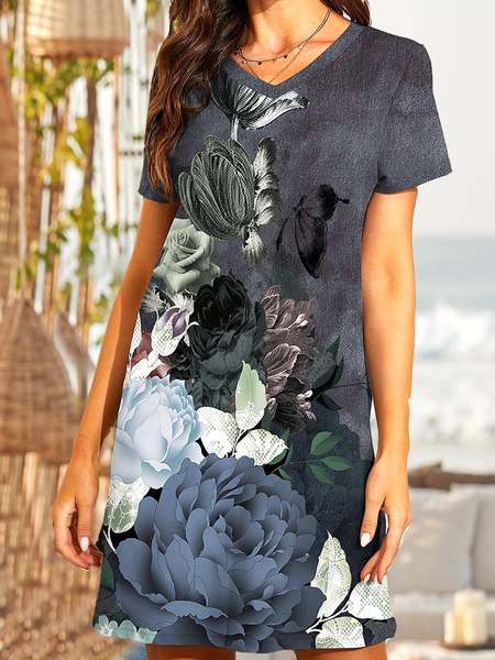 

Grey and Blue Floral V-Neck Loosen Dresses, Deep gray, Dresses