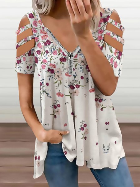 

Womens Flower Print V Neck Short Sleeve Top, As picture, Blouses