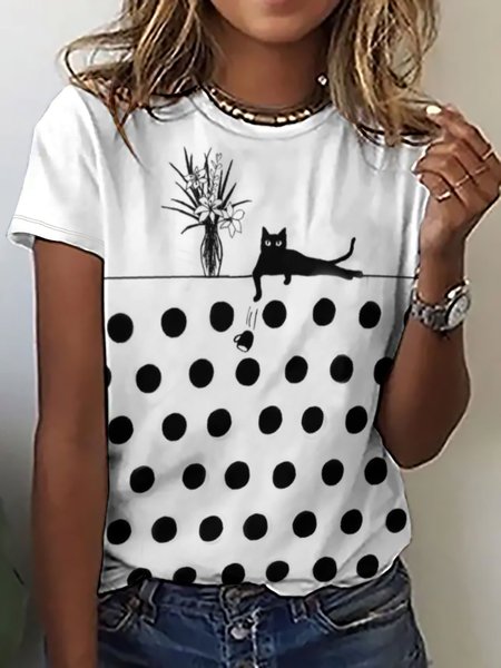 

Casual Funny Polka Dot Print Crew Neck T-Shirt, Black-white, T-shirts