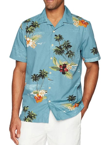 

Men's Cotton Linen Plant Floral Comfortable Short Sleeve Shirt, As picture, Shirts ＆ Blouse