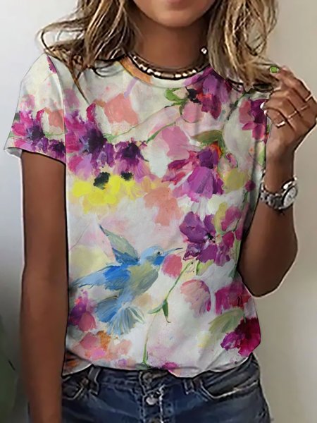 

Womens Flower Bird Art print Casual Short Sleeve T-Shirt, As picture, T-shirts