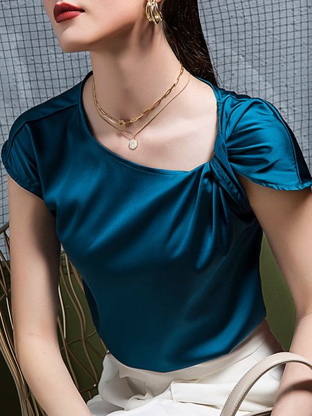 

Knot Front Elegant Short Sleeve Solid Top, Blue, Tops