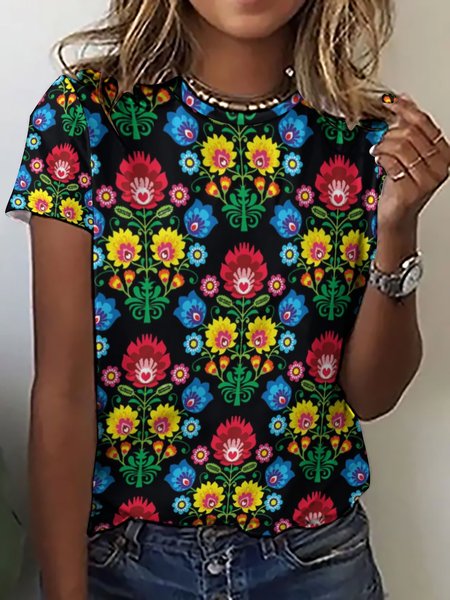 

Womens Flower Print Casual Crew Neck Short Sleeve T-Shirt, As picture, T-shirts