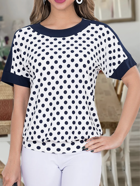 

polka dot print Vintage Crew Neck Tops, White, T-Shirts