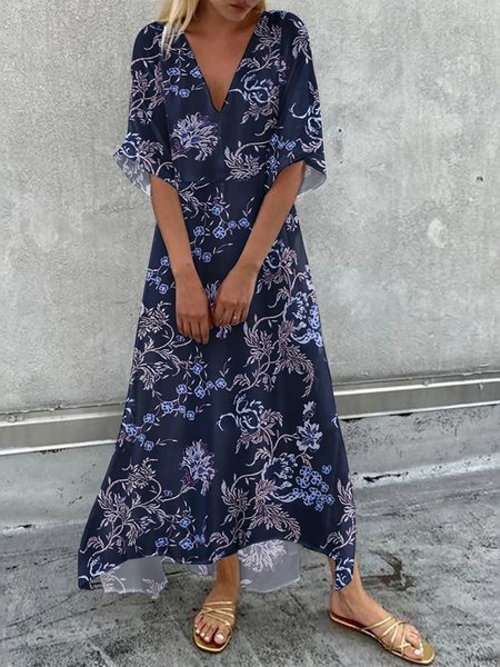 

Casual Vacation Floral Print V-Neck Short Sleeve Loose Maxi Dresses, Blue, Dresses