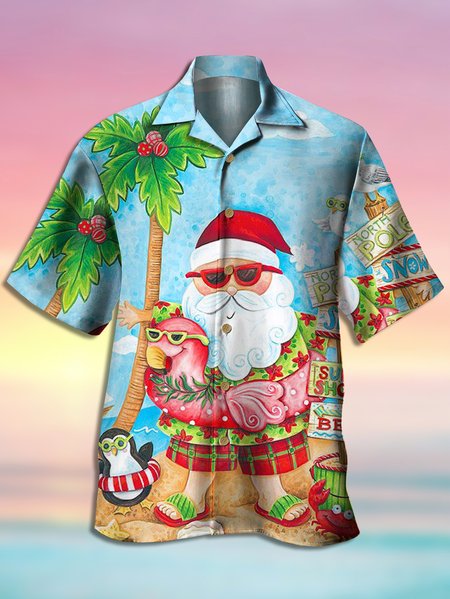 

Men Christmas Santa Surfing Hawaiian Print Front Buttons Soft Breathable Casual Aloha Shirts, Blue, Men's Floral shirt