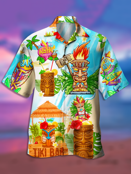 

Resort Style Hawaii Series Gradient Beach Coconut Tree Flower And TIKI Element Pattern Lapel Short-Sleeved Shirt Print Top, Light blue, Men's Floral shirt
