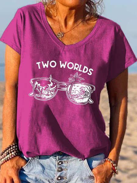 

Two Worlds Funny Landscape Print V-neck T-shirt, Rose red, T-shirts