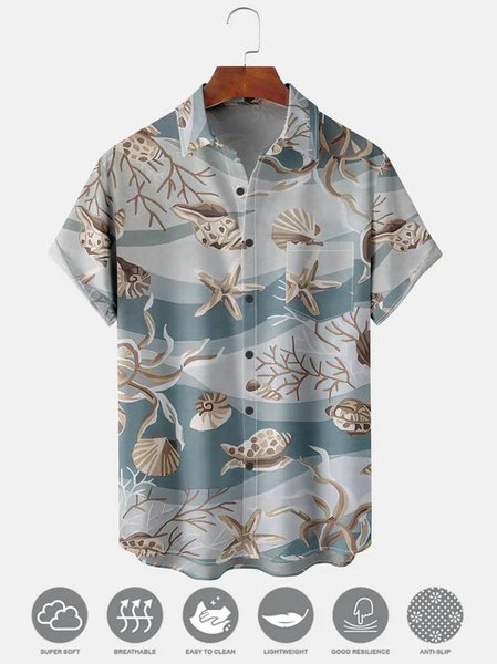 

Men's Ocean Shell Print Casual Moisture Absorbent Breathable Fabric Hawaiian Short Sleeve Shirt, Blue, Men's Floral shirt