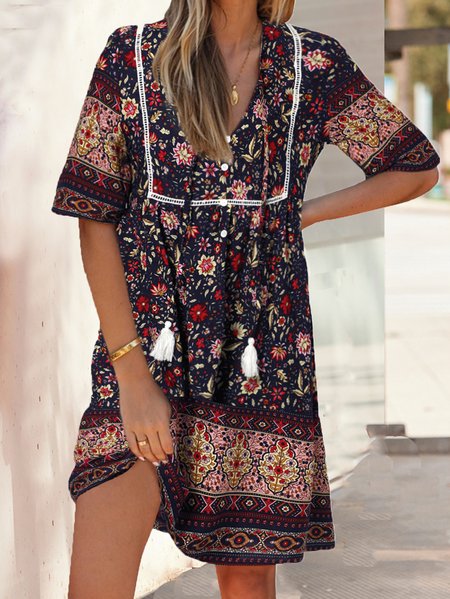 

Floral Cotton Blends V Neck Dresses, Multicolor, Dresses
