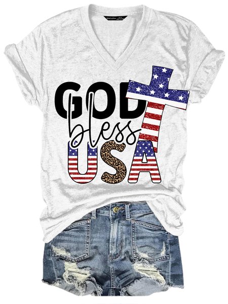 

Womens God Bless American Casual Short Sleeve T-Shirt, White, T-shirts