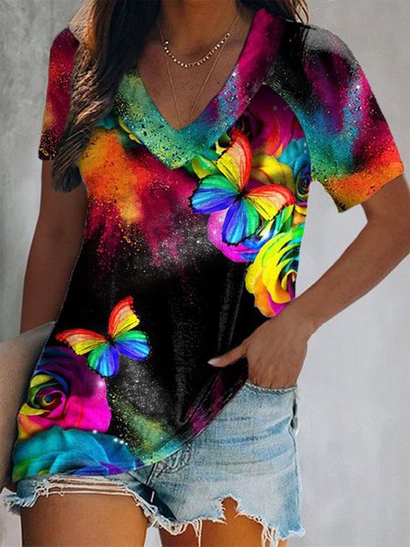 

Casual Butterfly V Neck Ombre T-Shirt, Multicolor, T-Shirts