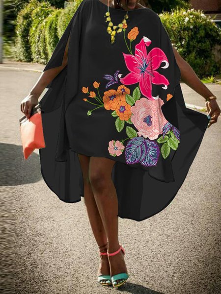 

Floral Daily Boat Neck Regular Fit Vacation Dress, Black, Midi Dresses
