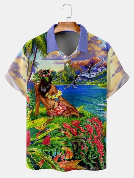 

Holiday Style Hawaii Series Plant Coconut Tree Retro Beauty Element Pattern Lapel Short-Sleeved Polo Print Top, Multicolor, Men's t-shirts