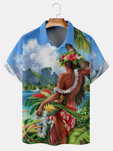 

Holiday Style Hawaii Series Plant Coconut Tree Retro Beauty Element Pattern Lapel Short-Sleeved Polo Print Top, Multicolor, Men's t-shirts