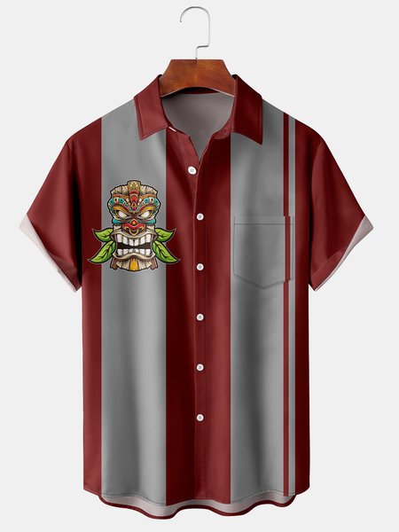 

Mens Retro Hawaiian Tiki Print Lapel Chest Pocket Short Sleeve Bowling Shirts, Red, Men's Floral shirt