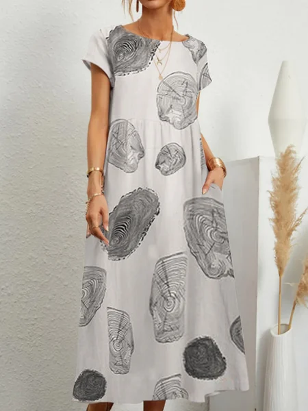 

Casual Cotton And Linen Round Neck Short-sleeved Long Dress, White, Midi Dresses