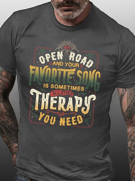 

Vacation Road Trip Music Therapy Travel Quote Vintage Short Sleeve Short Sleeve T-Shirt, Deep gray, T-shirts