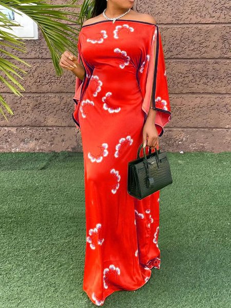 

Boat Neck Printed Vacation Dress, Red, Maxi Dresses