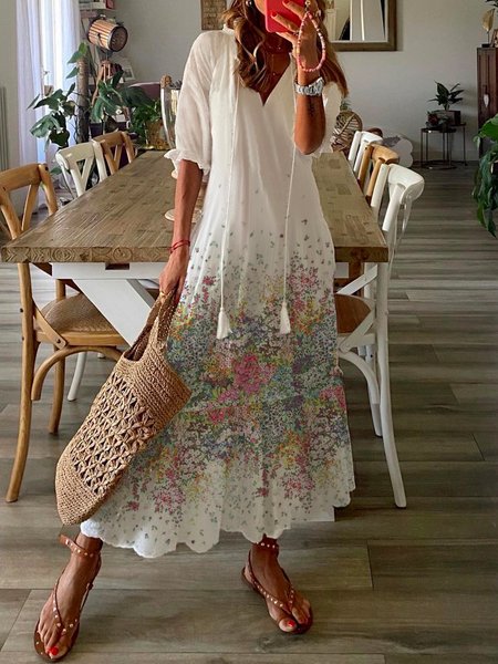 Women's A Line Dress Maxi Dress Casual V neck Floral Short Sleeve Loosen Dress, White, Maxi