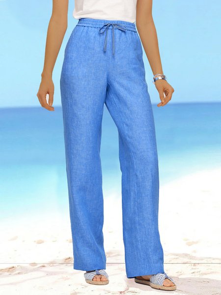 

Plain pocket elastic waist loose straight pants pants plus size, Blue, Pants