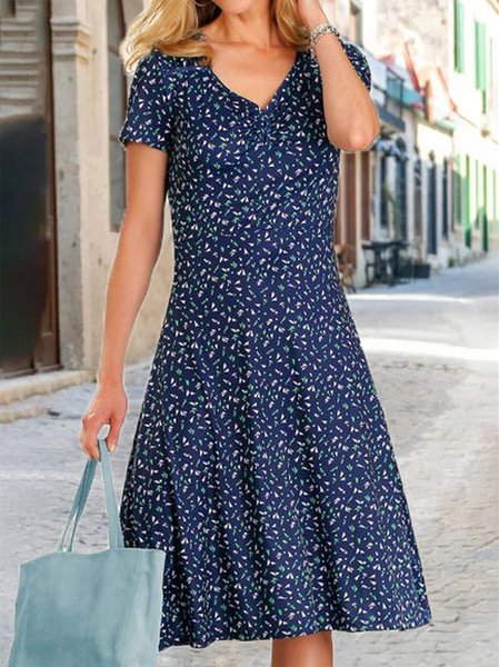 

Regular Fit Geometric V Neck Knee Dresses, Dark blue, Dresses