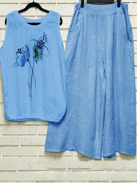 

Casual Crew Neck Cotton Floral Two Piece Sets, Blue, Suits