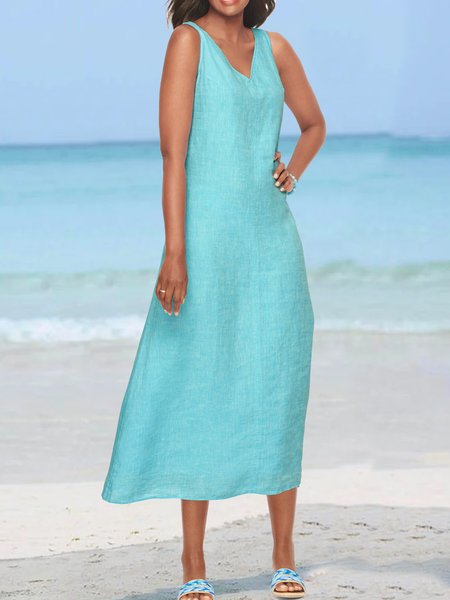 

Cotton leprosy plain color no pattern loose a-hem Holiday midi Dress Plus, Cyan, Midi Dresses