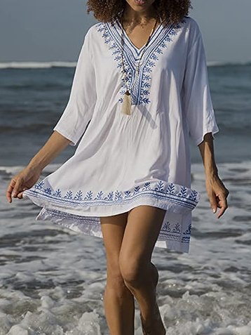 

V Neck Boho Tribal Dresses, White, Mini Dresses