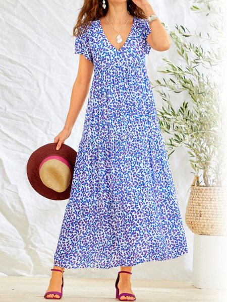 

Floral Loosen V Neck Dresses, Blue, Dresses