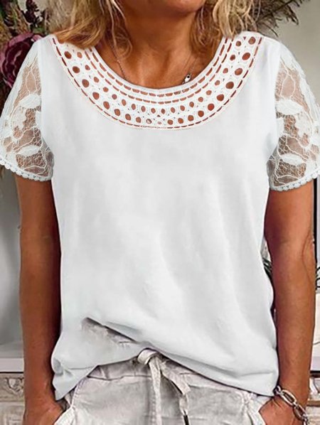 

Lace Design Short Sleeve Casual Top, White, T-Shirts