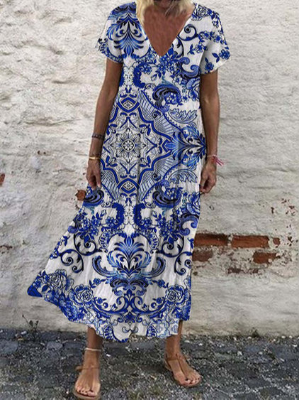 

Casual V Neck Tribal Loosen Dresses, Blue, Dresses