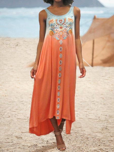 Boho Vacation Cotton Blends Tribal Dresses, Multicolor, Midi Dresses