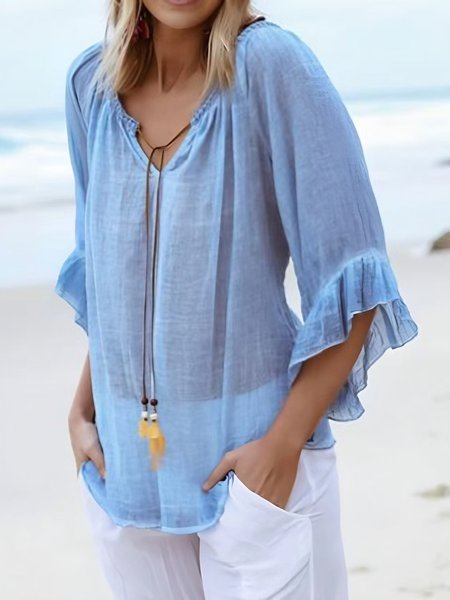 

V Neck Casual Cotton Blends Tops, Blue, Shirts & Blouses