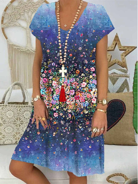 

V-neck Casual Loose Floral Print Short Sleeve Short Dress, Blue, Dresses