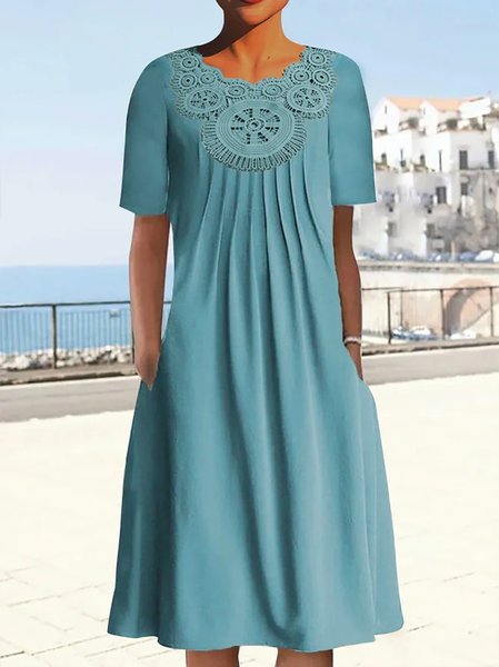 

Short Sleeve Casual Dress With Lace Collar, Blue, Dresses