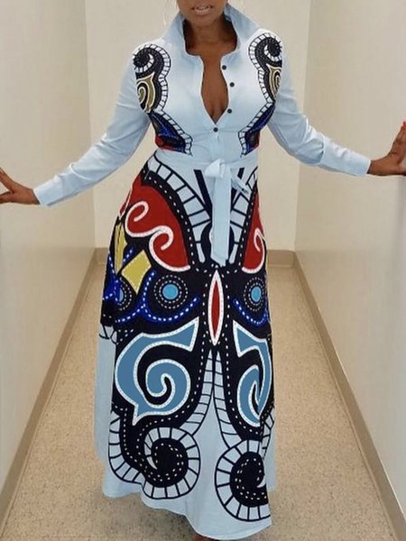 

Long sleeve Daily Shirt Collar Butterfly Elegant Shirt Collar Dress, Blue, Maxi Dresses