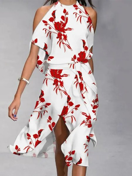 

Floral Casual Halter Short Sleeve Dress, White, Midi